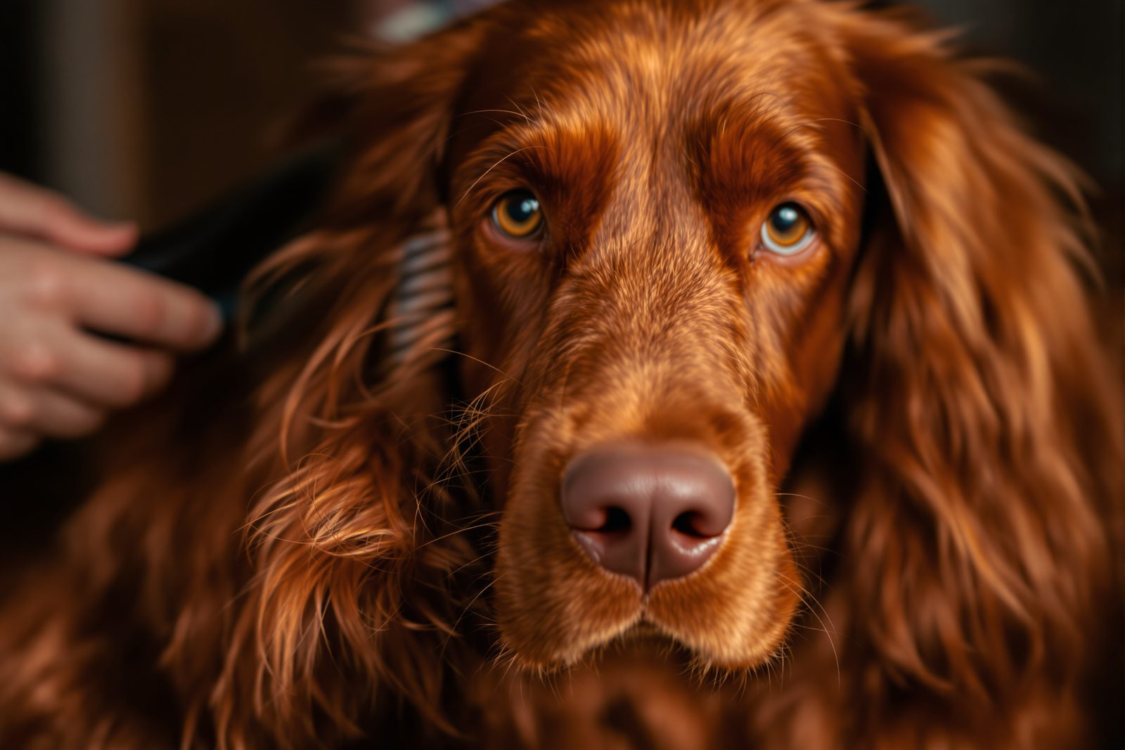 Grooming an Irish Setter's silky red coat