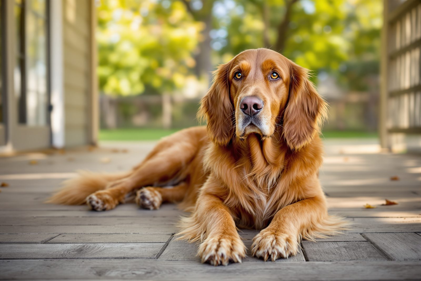 Content senior Irish Setter resting in warm afternoon light
