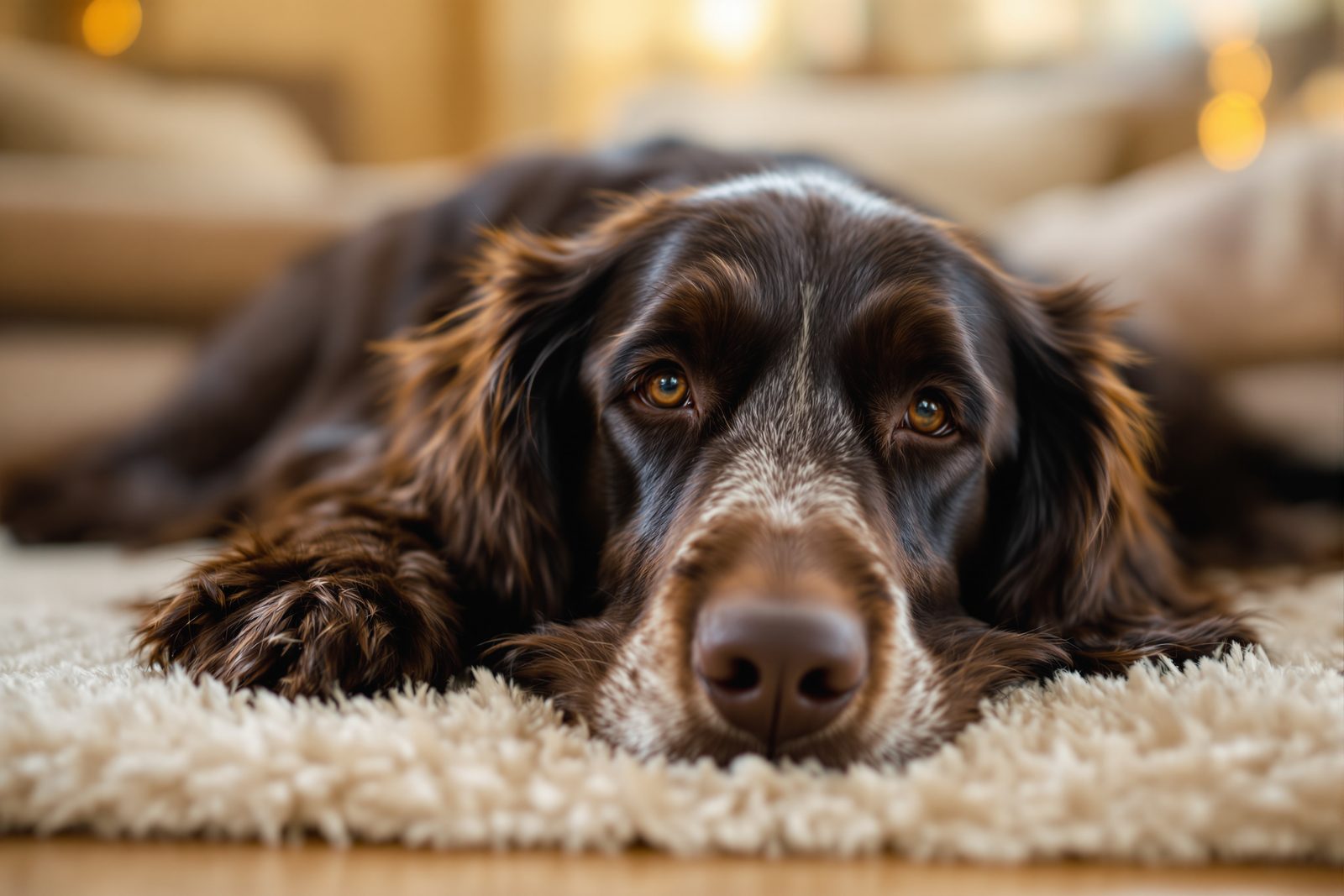 Calm senior Irish Setter resting peacefully indoors