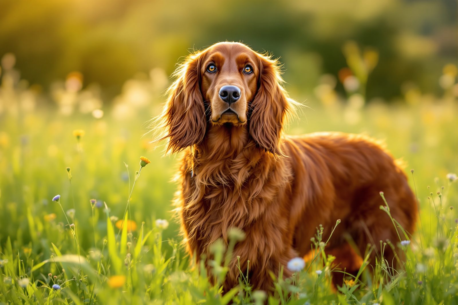Irish Setter with a mahogany-red coat standing in a sunlit meadow