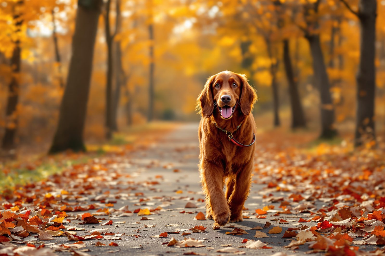 Irish Setter walking on an autumn trail