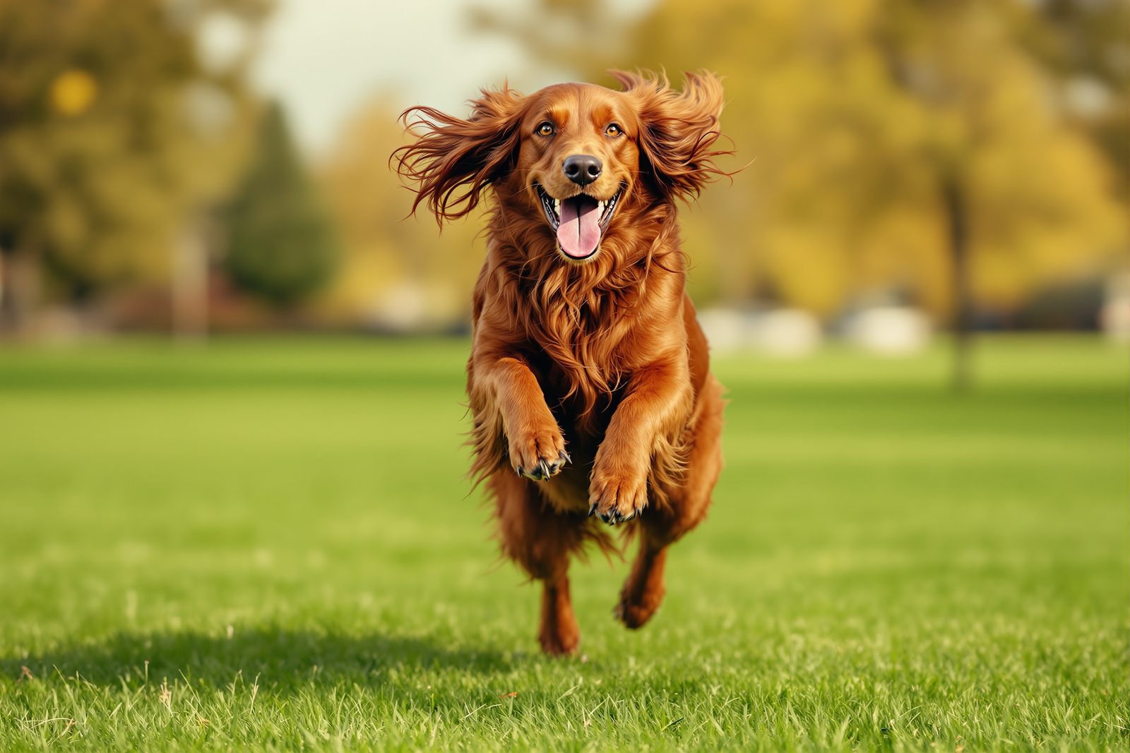 Recovered Irish Setter playing joyfully in a park